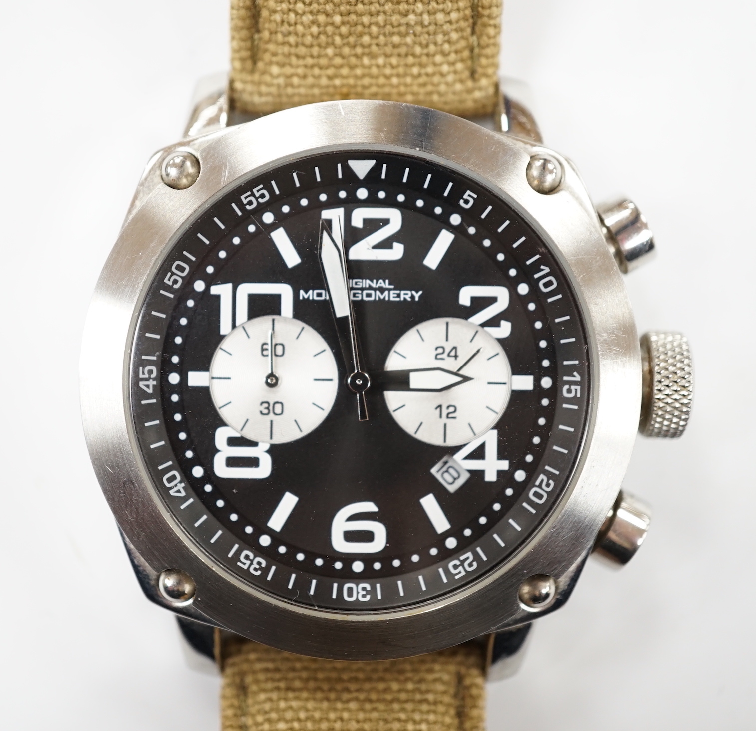 A gentleman's modern stainless steel 'Original Montgomery' chronograph quartz wrist watch, on a fabric and leather strap, design based on a model used by the British Army during WWII.